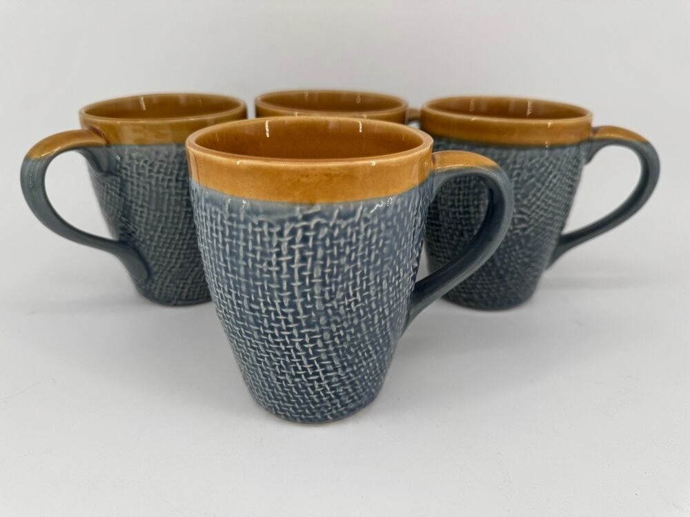 Pier 1 Imports Mugs Set of 4 Blue Basketweave Caramel Stoneware 12 Oz Coffee